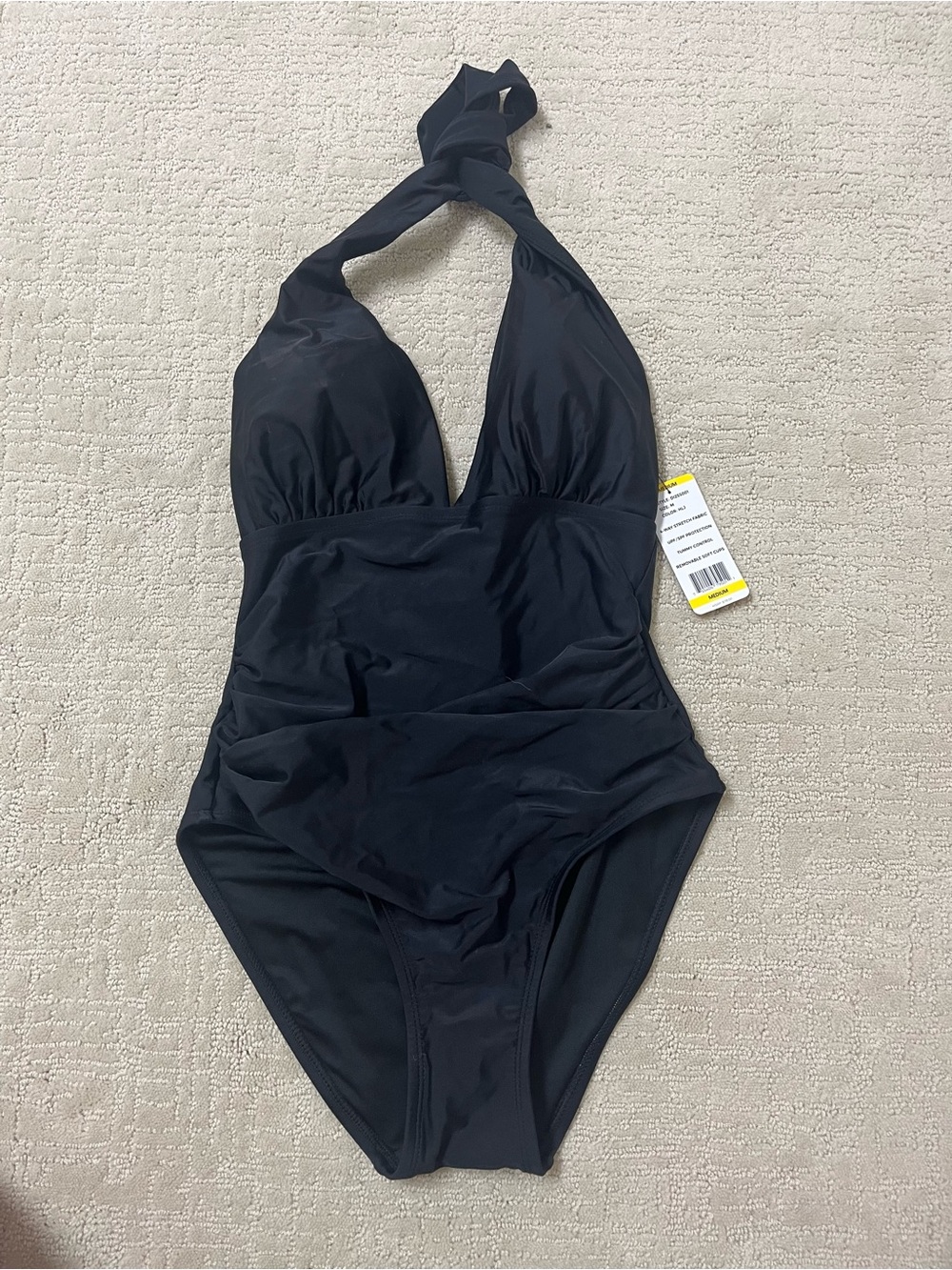 DKNY Black Halter Ruched One-Piece Swimsuit women’s M NWT